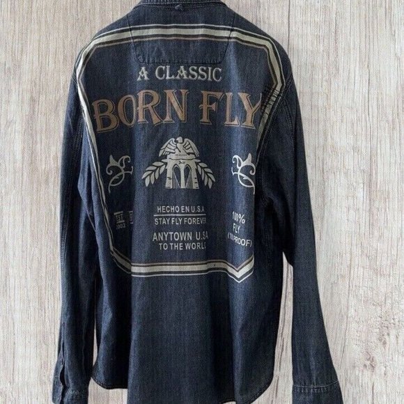 Vintage Men Denim Shirt Long Sleeve Jean Classic Born Fly Embroidered Patch 2XL - Picture 2 of 10